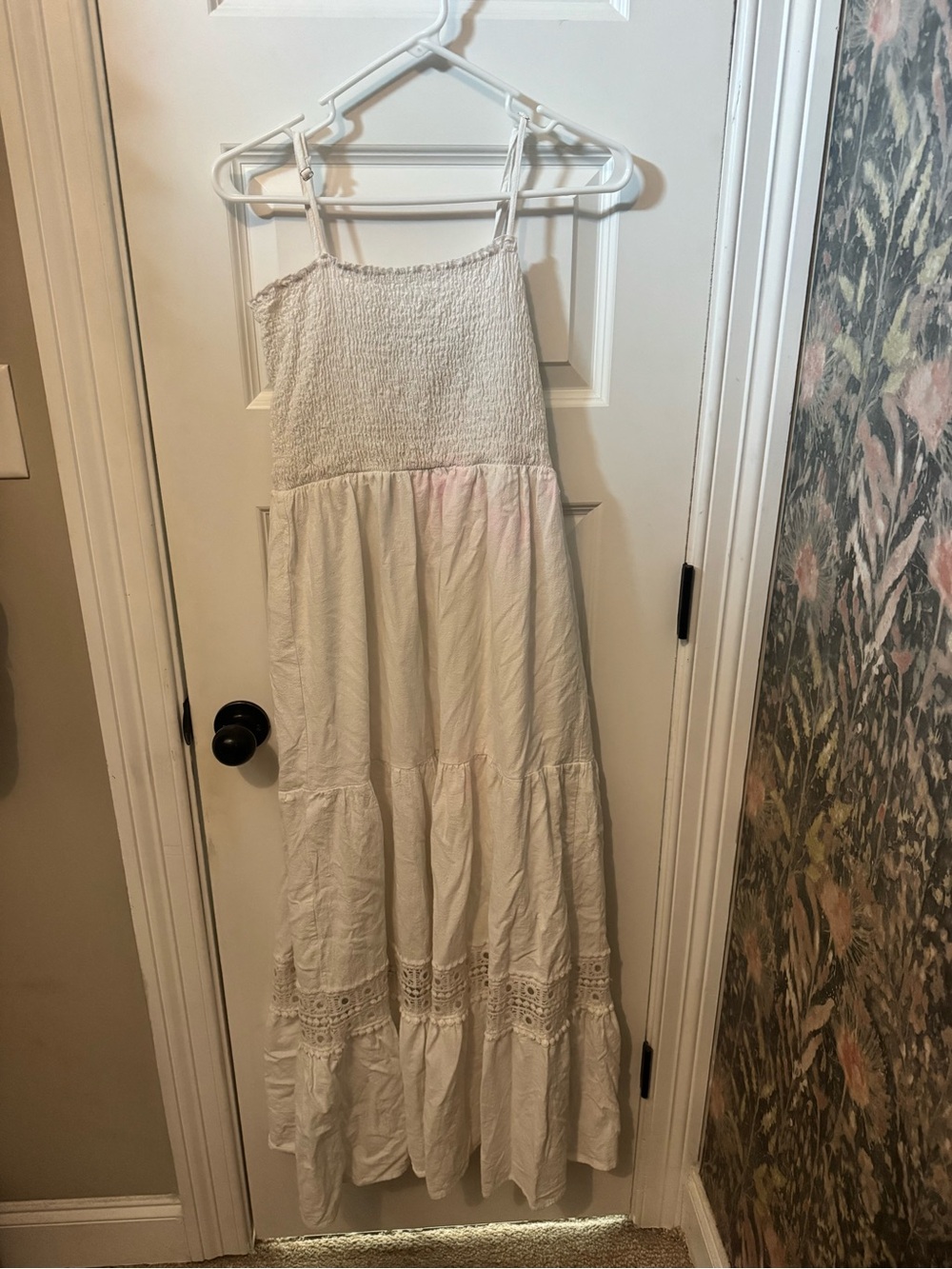 Girls' White Smocked Maxi Dress with Crochet Trim